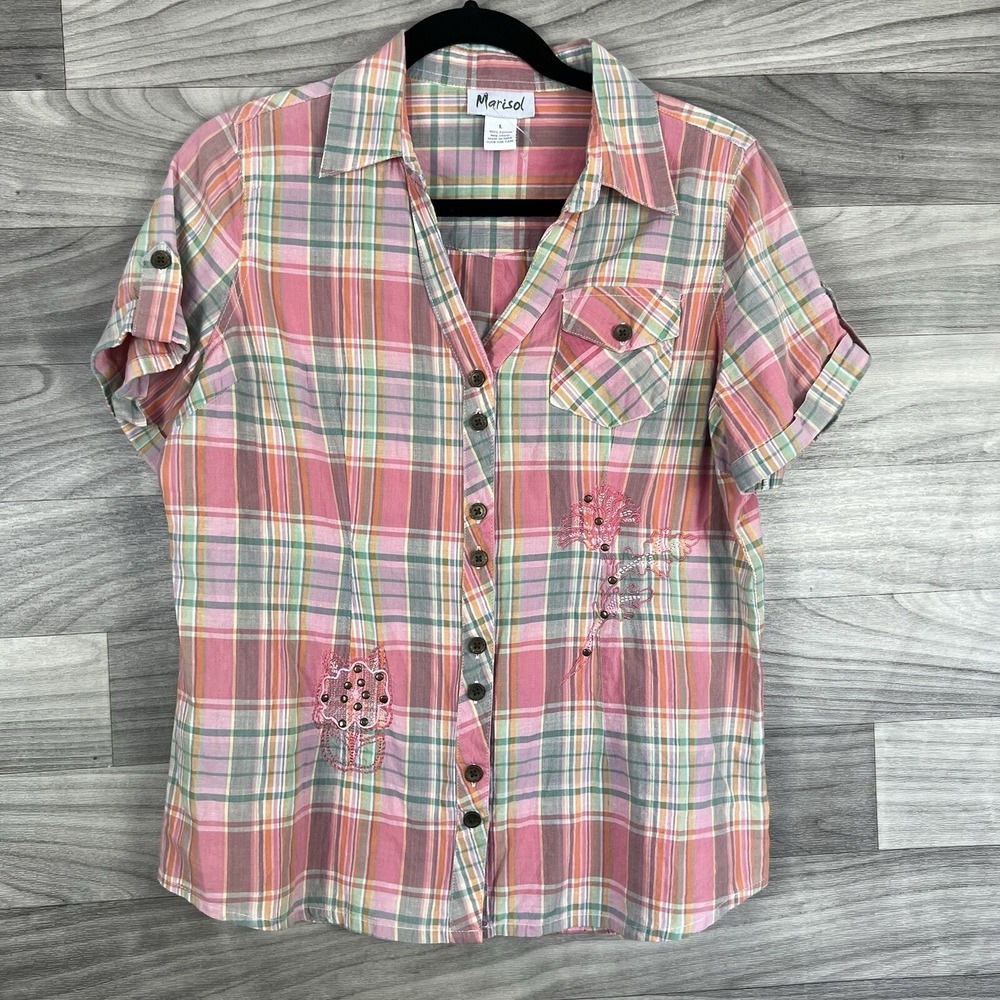 MAEVE Anthropologie Marisol Shirt L (M) Pink Plaid Short Sleeve Button‎ Up Y2K